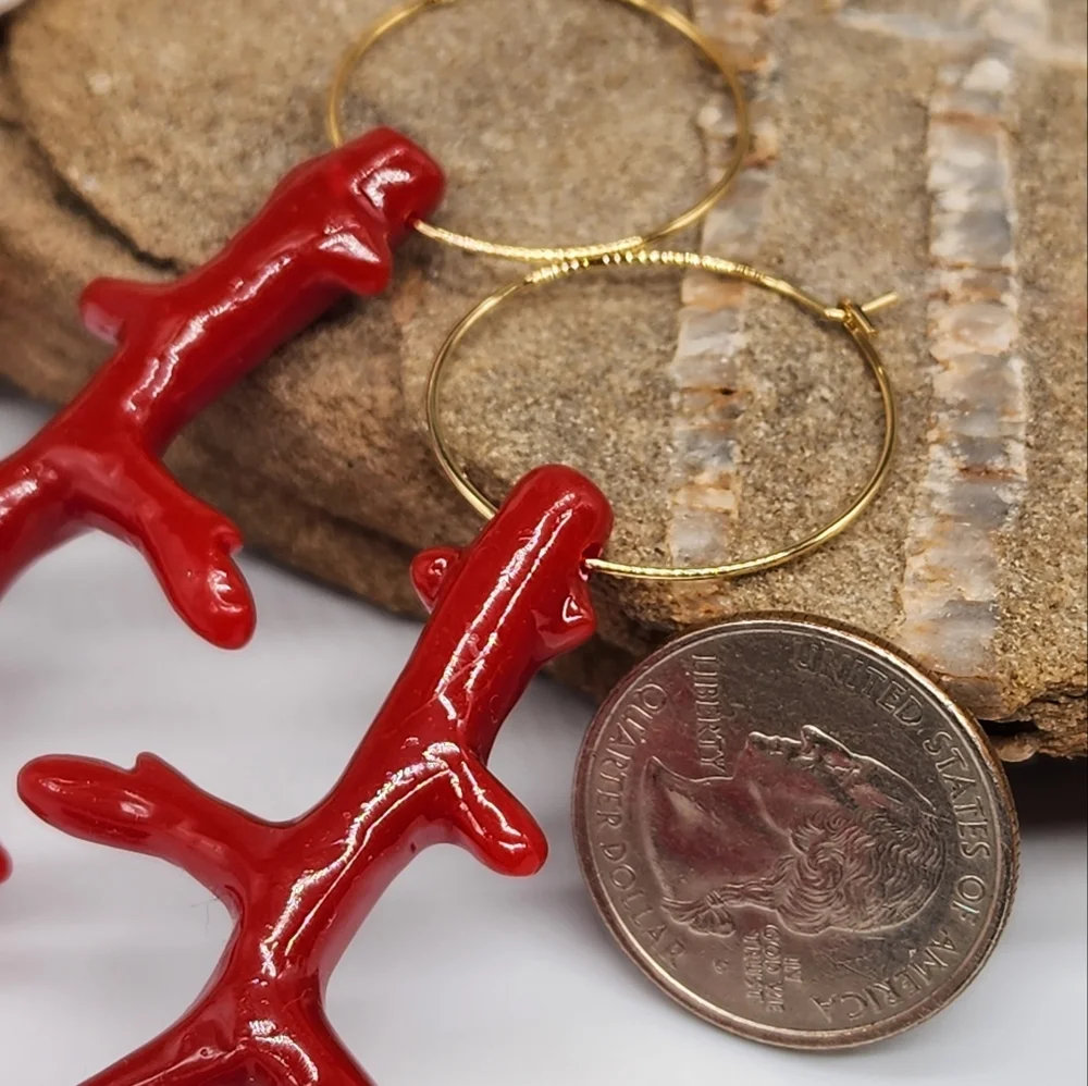 Anthro 14kt Gold plated Hoop Earrings/Studs Red Coral Branch